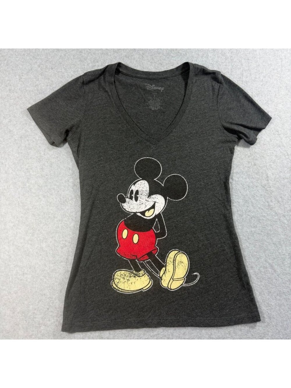 Disney Women’s S Gray Mickey Mouse V-Neck Graphic T-Shirt Short Sleeve